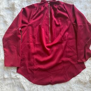 Red Satin Zip Neck Blouse Long Sleeve Size M
